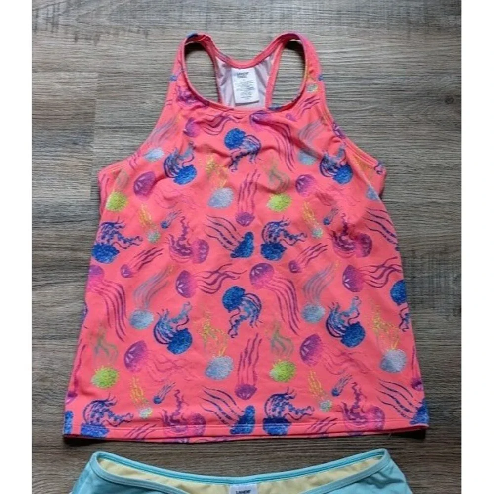 Lands' End Tankini Girls Size 14+ Jellyfish Print Top Solid Blue Skort Bottoms